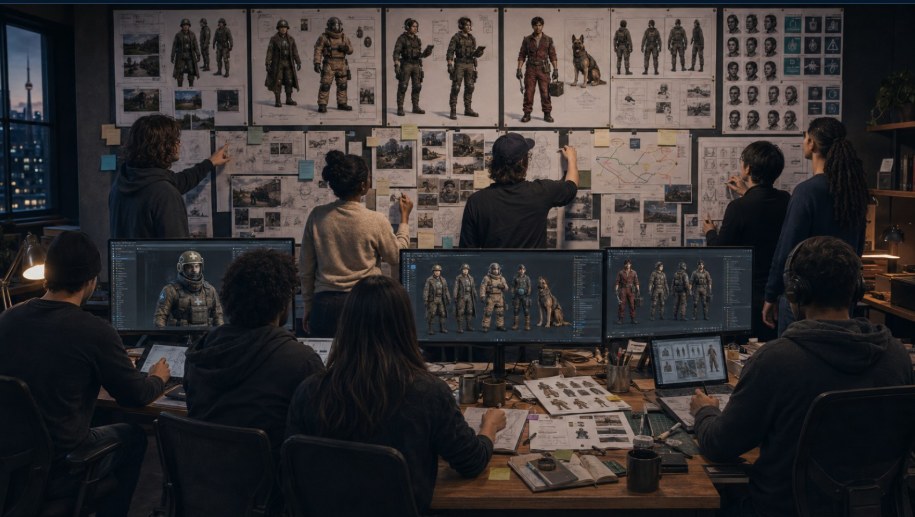 Keeping the Peace - concept pre-visualisation of the development team reviewing character archetypes and boards in the studio